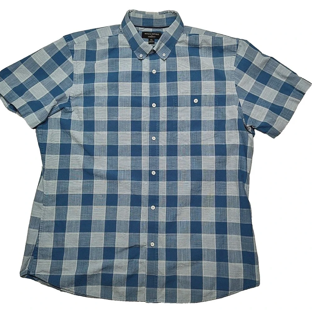 Banana Republic Men‎ XL Blue Check Standard Fit Cotton Button Shirt